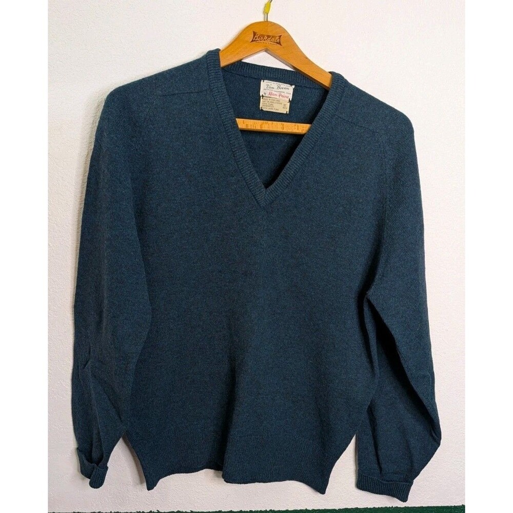 Vintage Alan Paine Sweater Mens Large 40 Blue Lambswool Made in England (247)